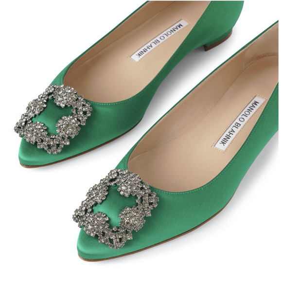 Manolo Blahnik Hangisi Emerald Green Satin Jewel Buckle Ballerina Ballet Flat 38 - Picture 6 of 12